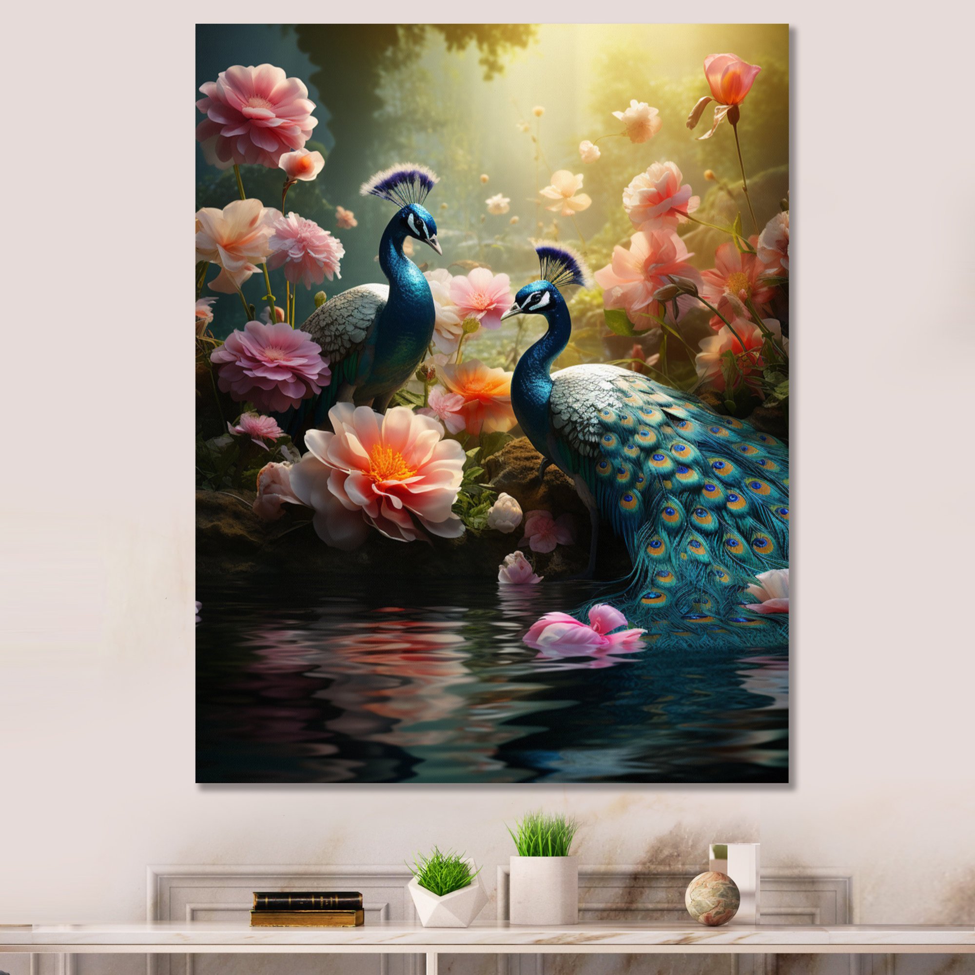 Bungalow Rose Teal Coral Indian Art Dancing Peacocks Animals Wall Art